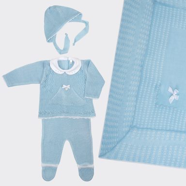 Eyelet Stitch Sky Blue 3 Piece Knitted Set with Kangaroo Frontal Pocket and Sky blue Patterned Baby Shawl with Blue bow