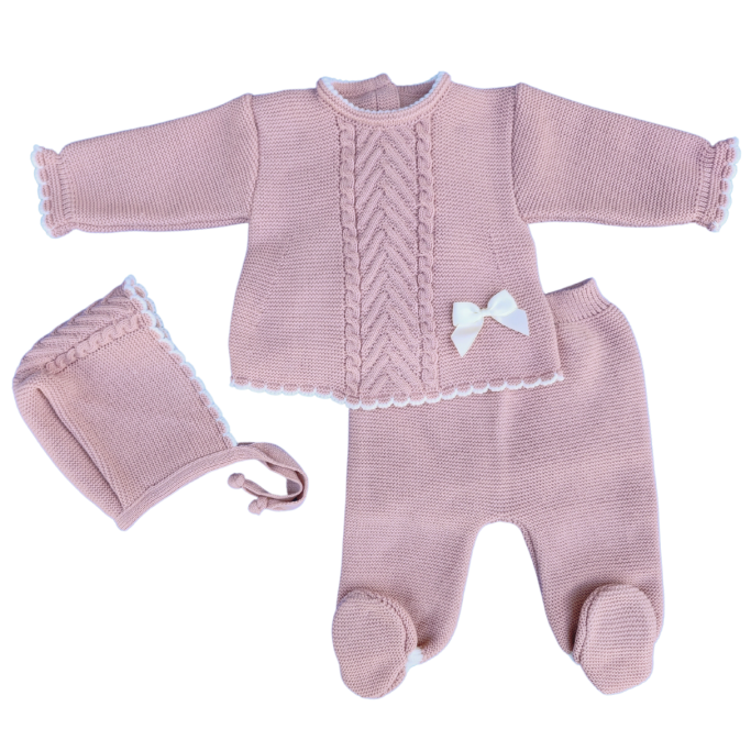 Double Cable Dusky Pink 3-Piece Knitted Set with Ivory Bow