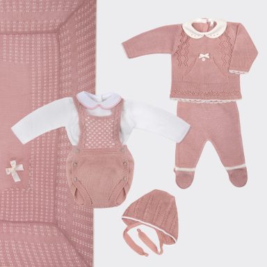 Rose Pale Baby Romper Set with Peter Pan collar,  long-sleeved jumper with kangaroo frontal pocket, covered booties trousers, baby shawl