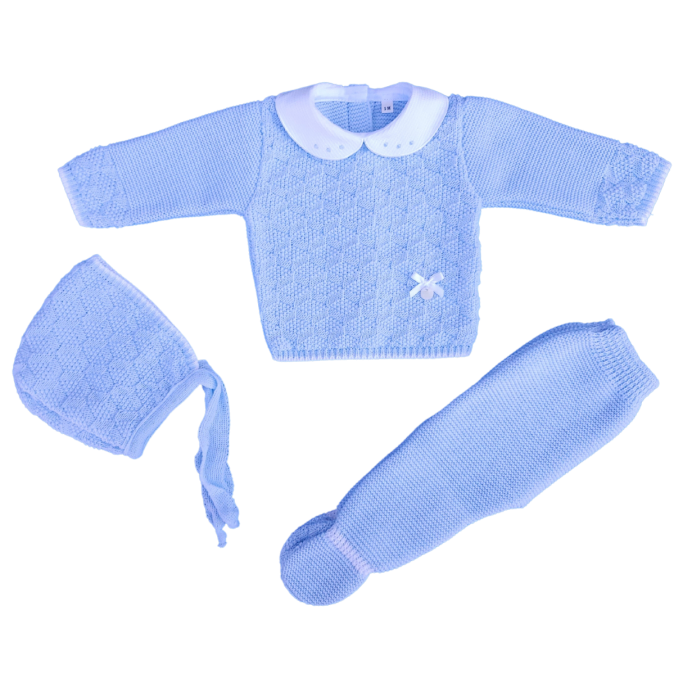 Embossed Diamonds Knit Baby Blue 3-Piece Set with White Bow